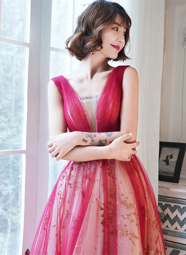 Red V-neckline Tulle A-line Long Prom Dress